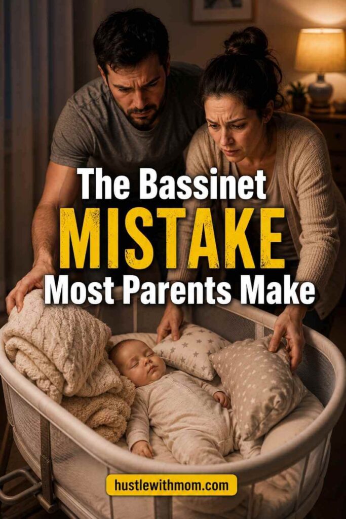 Parents adding unsafe bedding to bassinet with warning text overlay.