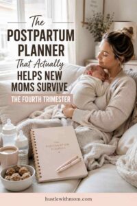 A new mom holding her sleeping newborn while using a postpartum planner in a cozy living room.