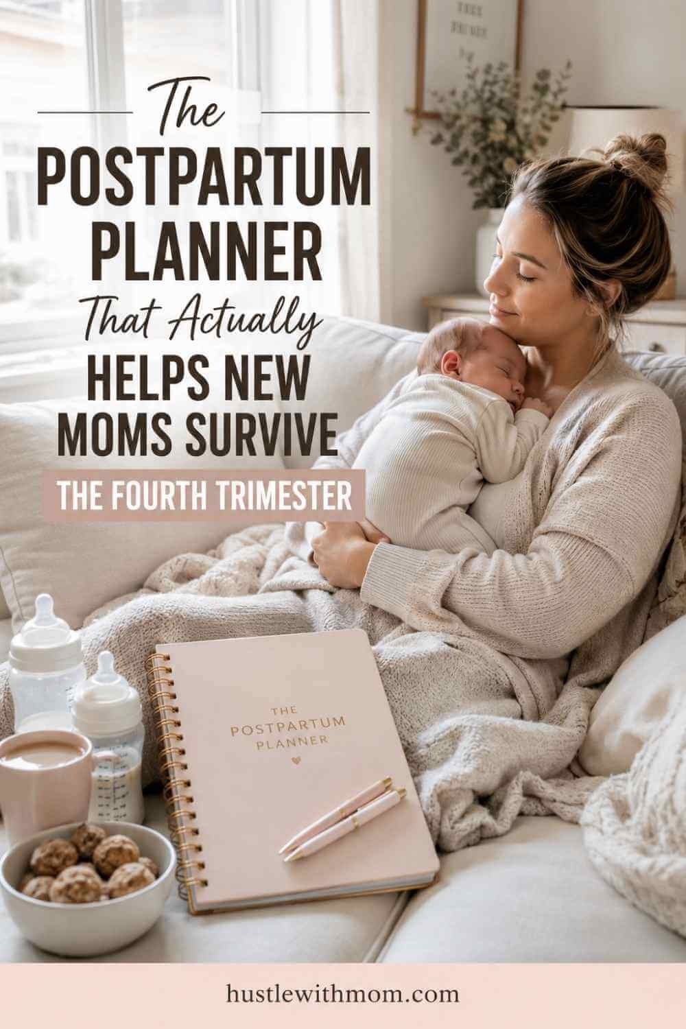 A new mom holding her sleeping newborn while using a postpartum planner in a cozy living room.