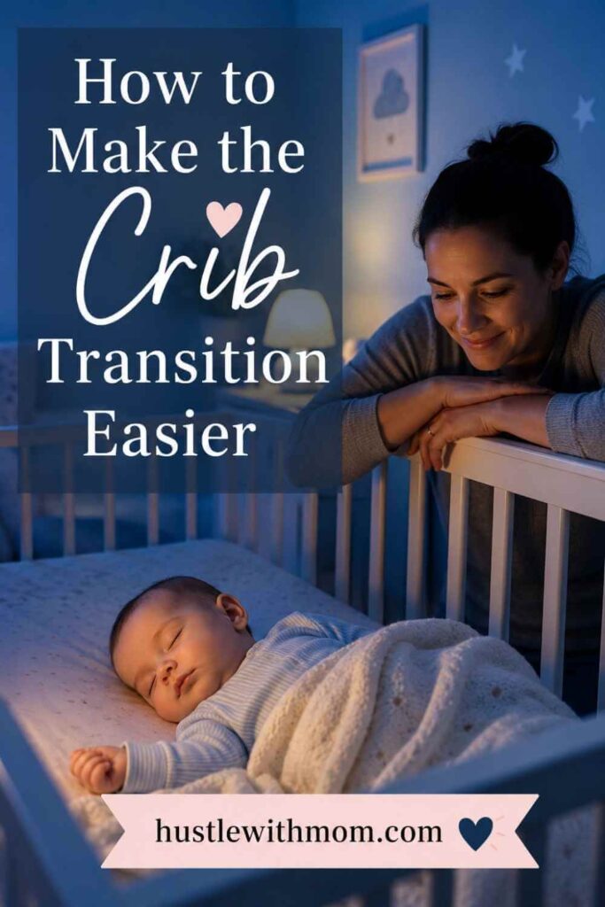 Baby sleeping comfortably in crib after transitioning from bassinet.