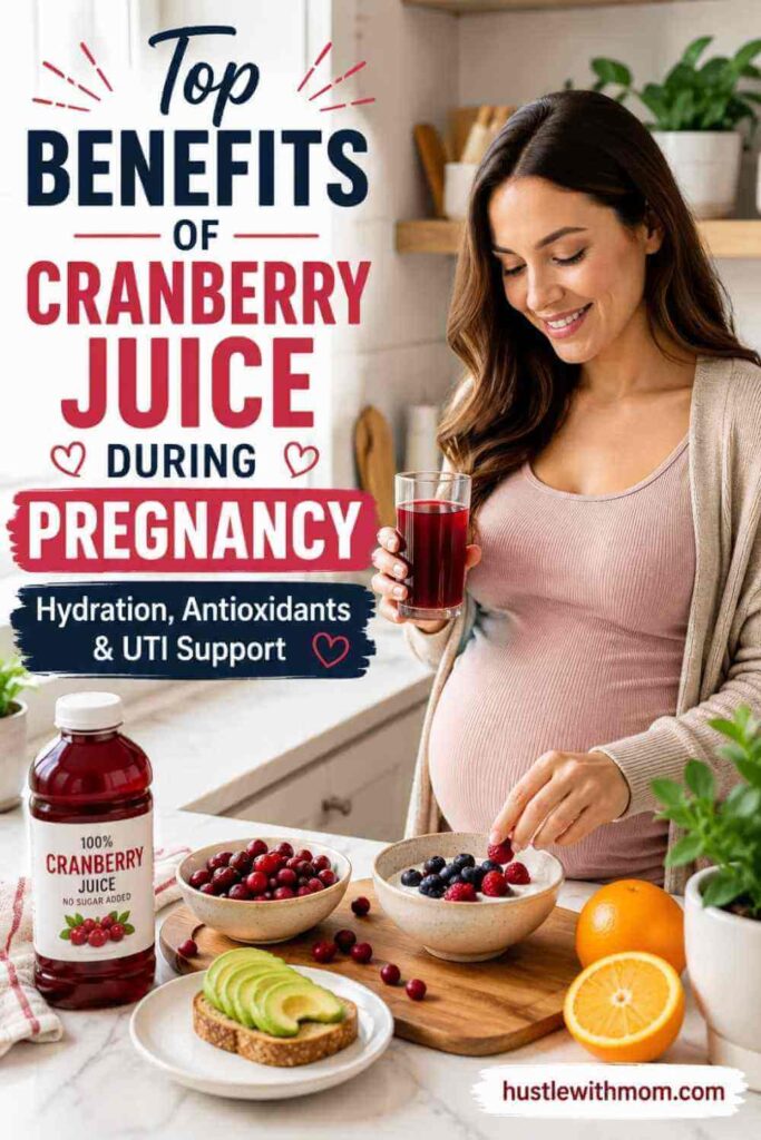 Pregnant woman enjoying a healthy breakfast with cranberry juice in a modern kitchen.