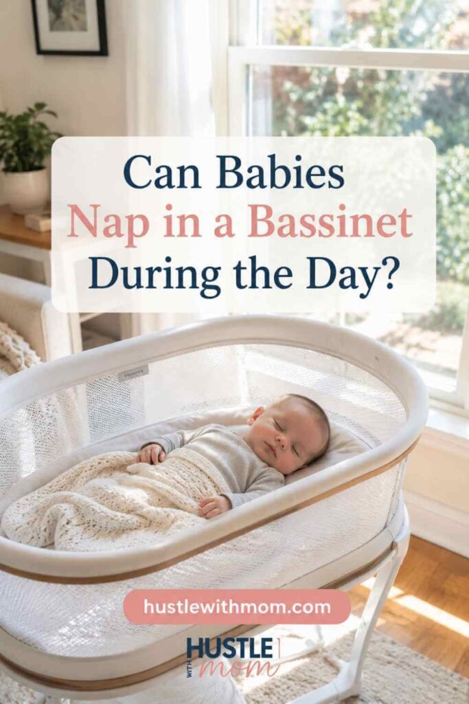 Baby taking a daytime nap safely inside bassinet near sunny window.