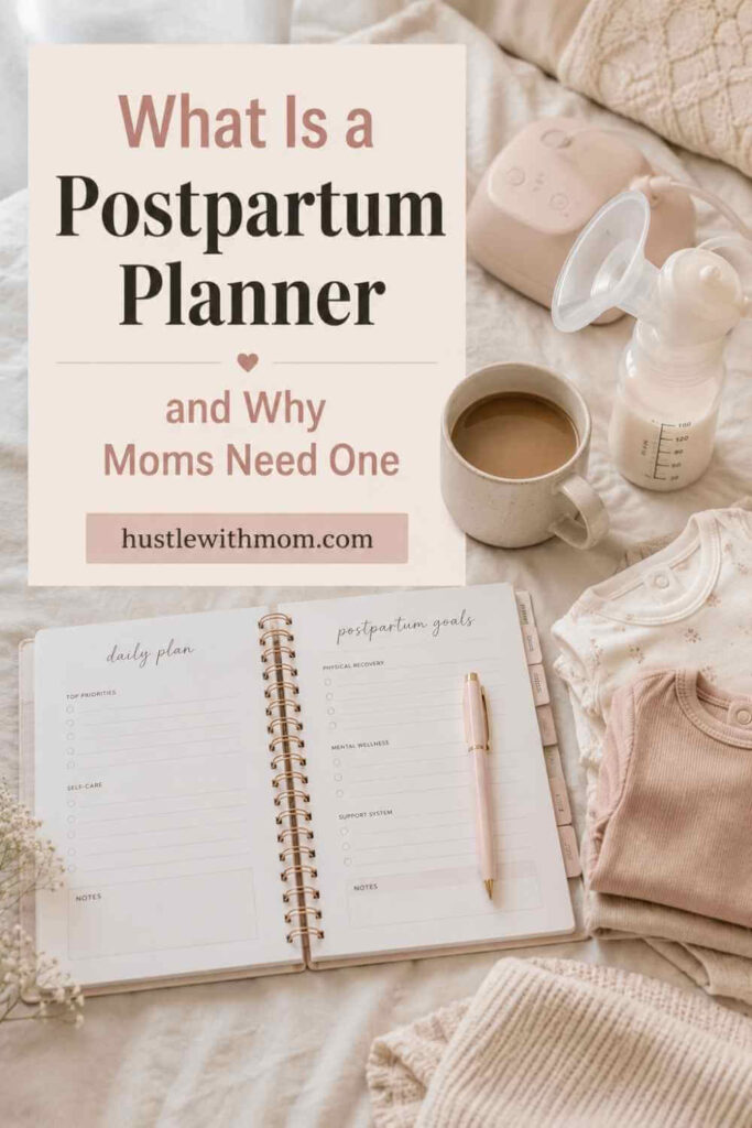 An open postpartum planner beside newborn essentials on a neatly made bed.