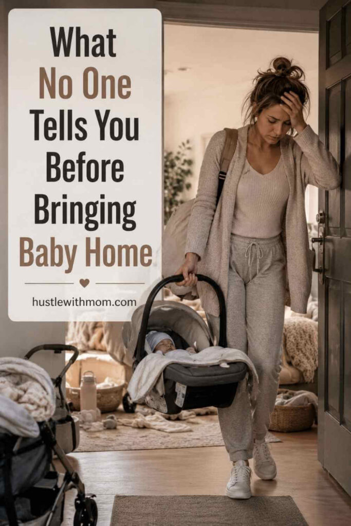 A tired new mother carrying her baby into her home after leaving the hospital.