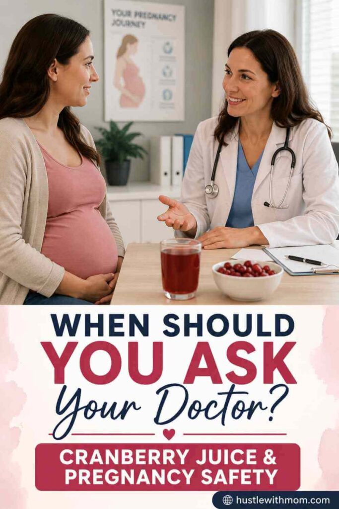 Pregnant woman discussing cranberry juice and nutrition with her doctor during a prenatal visit.