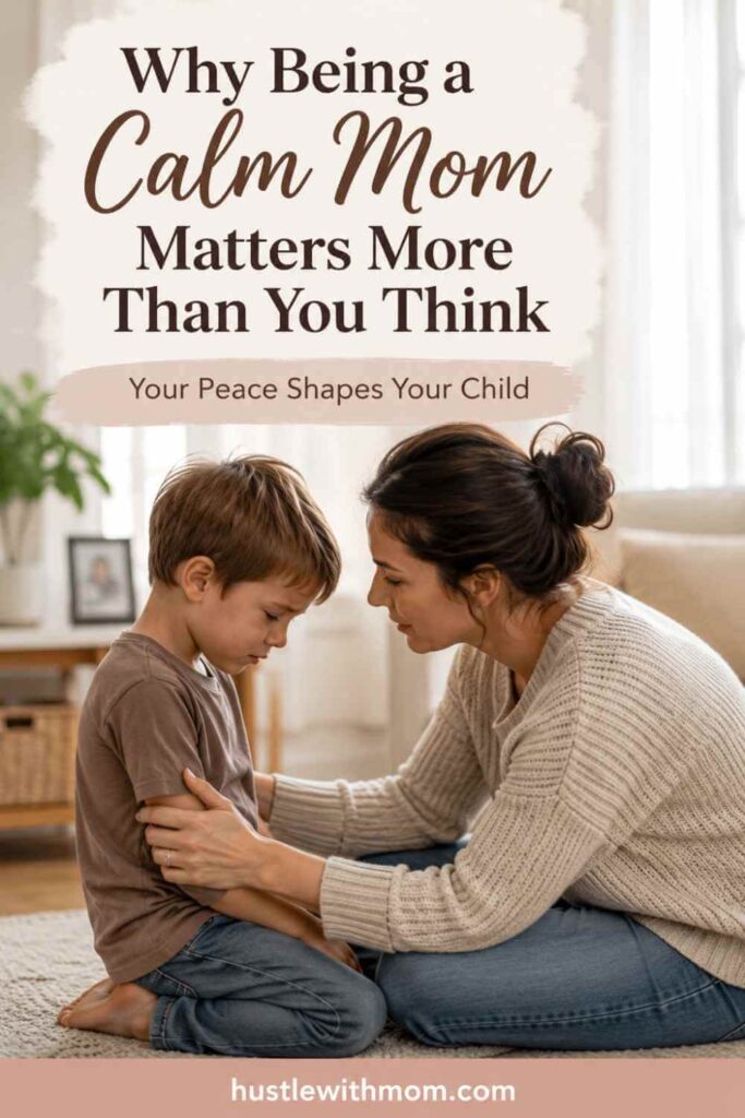 Mother calmly comforting her child inside a cozy home with emotional parenting text overlay.