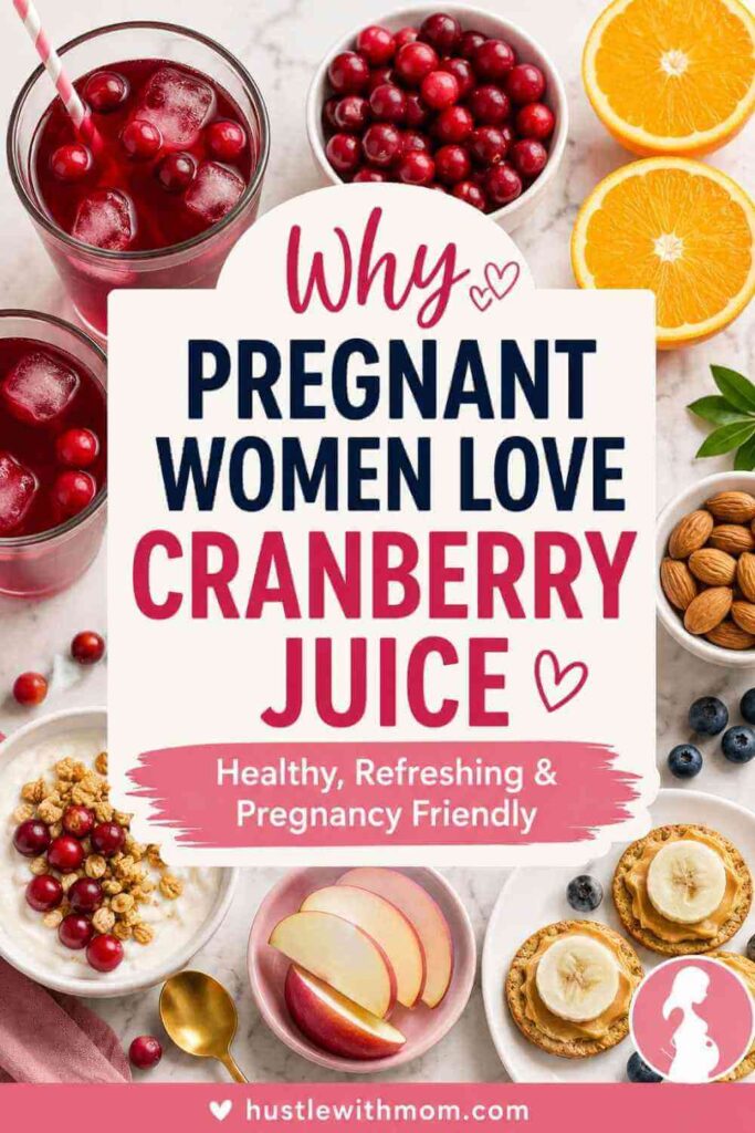 Glass of cranberry juice with fresh cranberries and healthy pregnancy foods on a marble table.