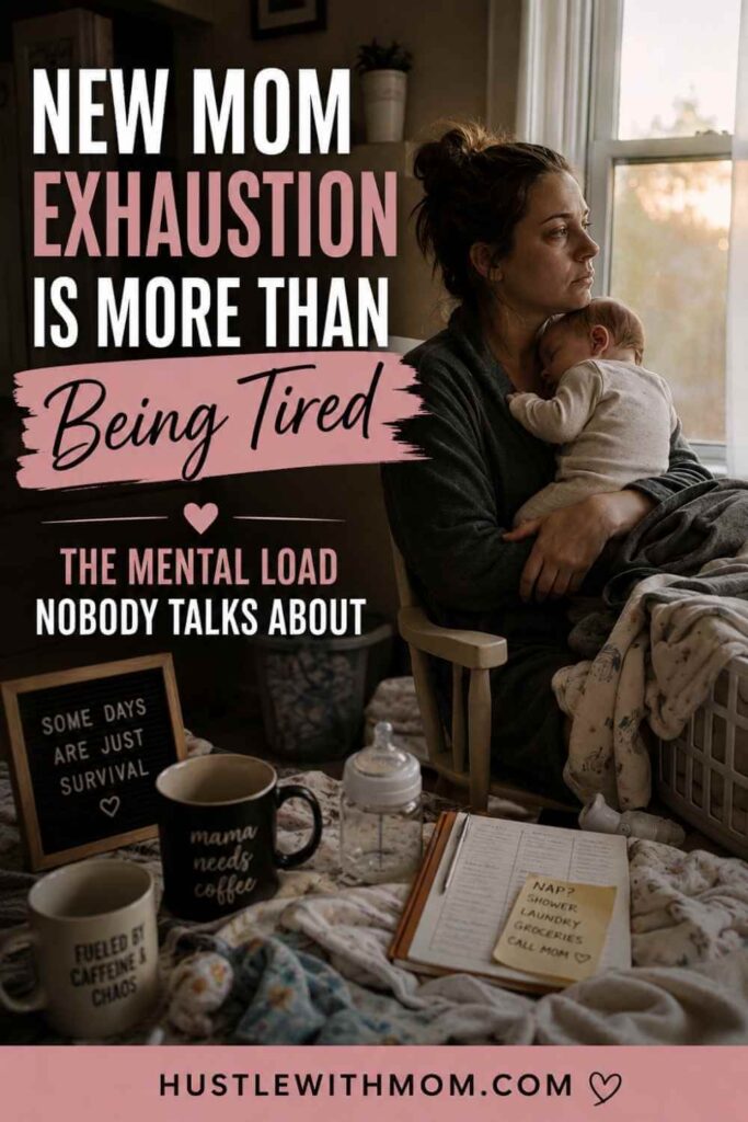 Emotionally exhausted new mother holding sleeping baby near window with text about motherhood exhaustion and mental overload.