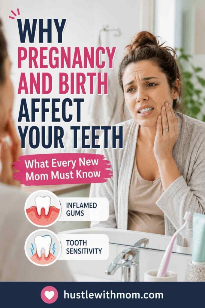 other looking at her teeth in mirror after pregnancy while holding baby.