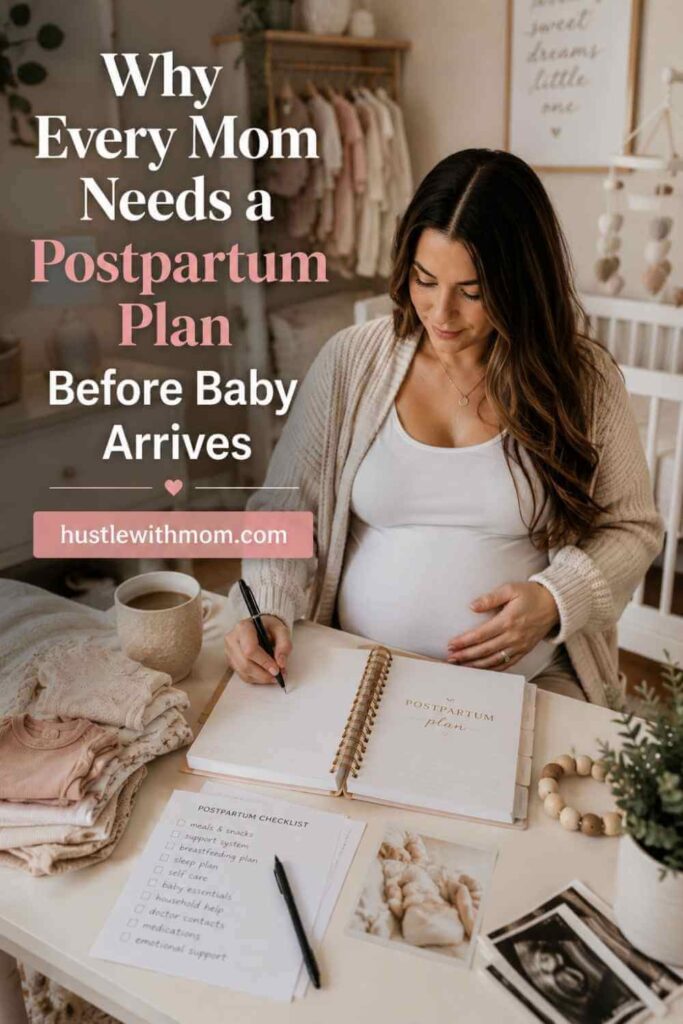 A pregnant woman organizing a postpartum planner in a cozy nursery.