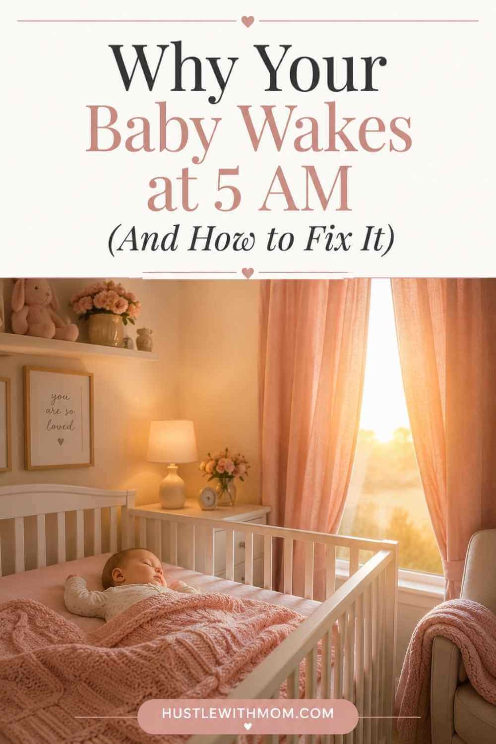 Sleeping baby in a cozy nursery at sunrise with blackout curtains and Pinterest text about fixing 5 AM baby wake-ups.