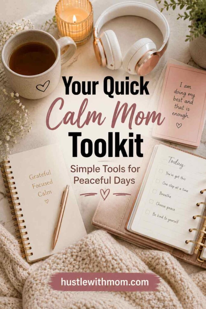 Flat lay of calming self care items for moms including tea, journal, and planner on a cozy table.