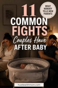 Exhausted new parents sitting apart on a couch with a sleeping baby between them, illustrating common relationship struggles after having a baby.