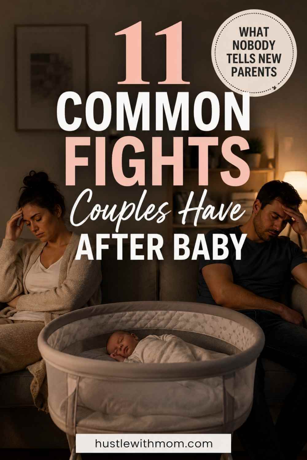 Exhausted new parents sitting apart on a couch with a sleeping baby between them, illustrating common relationship struggles after having a baby.
