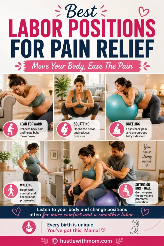Laboring woman using various positions to manage labor pain naturally.