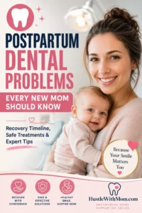 Featured image showing a new mother learning about postpartum dental problems and recovery.