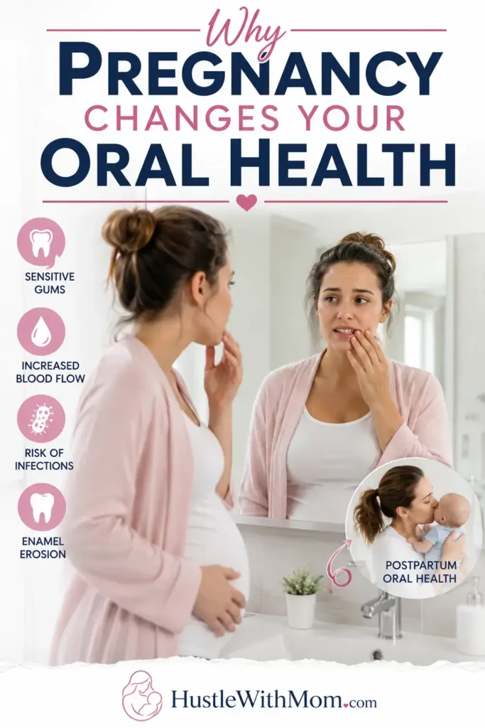 New mother examining her gums in the mirror while learning how pregnancy affects oral health.