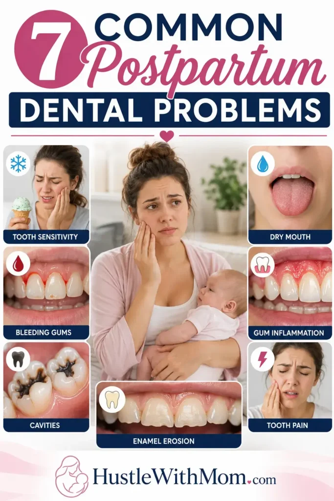 New mother experiencing common postpartum dental problems illustrated around her.
