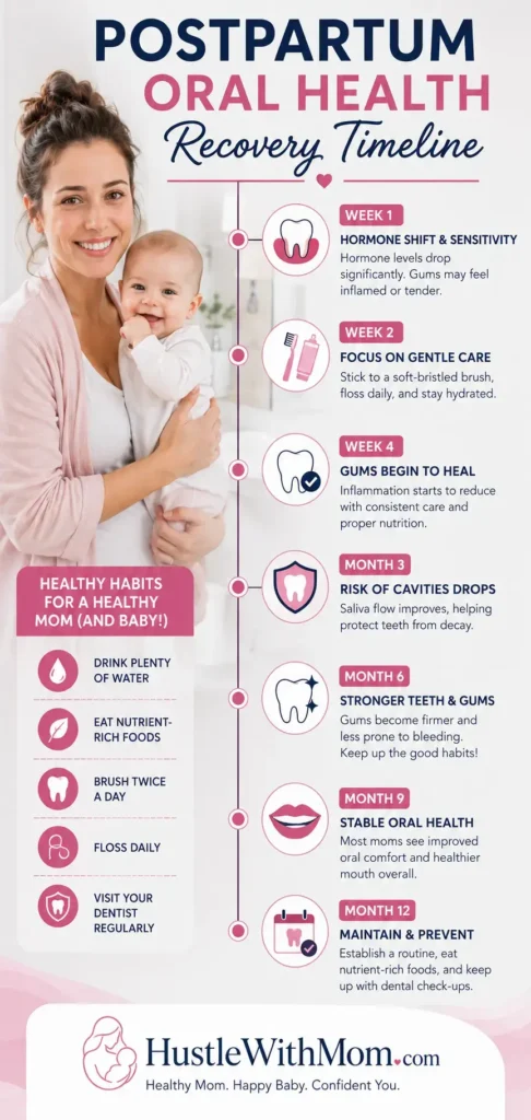 Postpartum oral health recovery timeline showing dental healing milestones after childbirth.