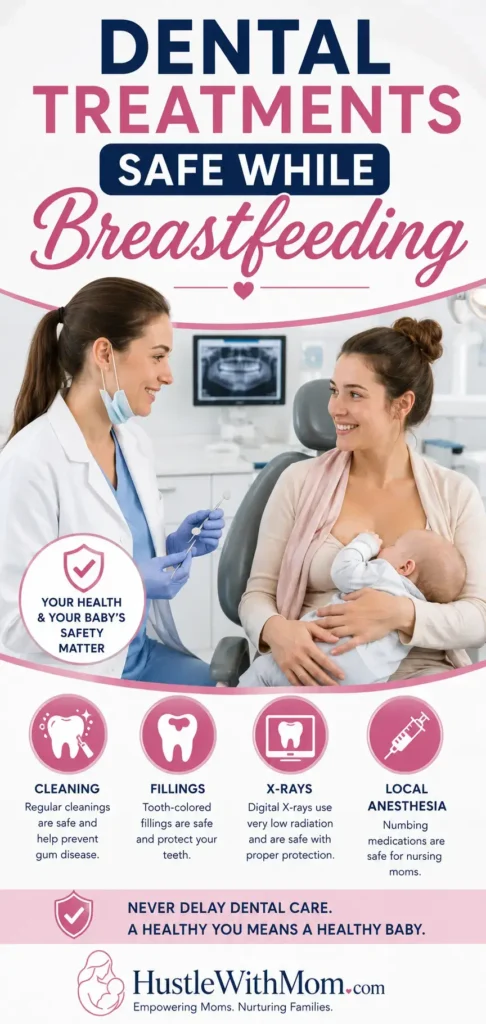 Breastfeeding mother discussing safe dental treatments with her dentist.