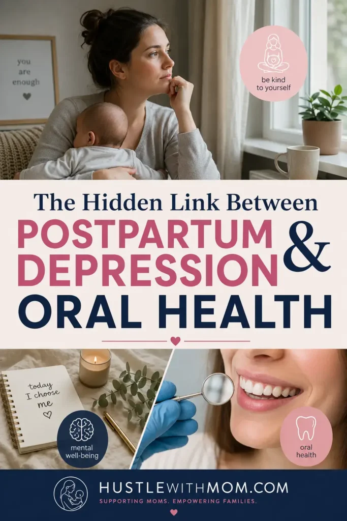 New mother dealing with postpartum depression and oral health challenges.