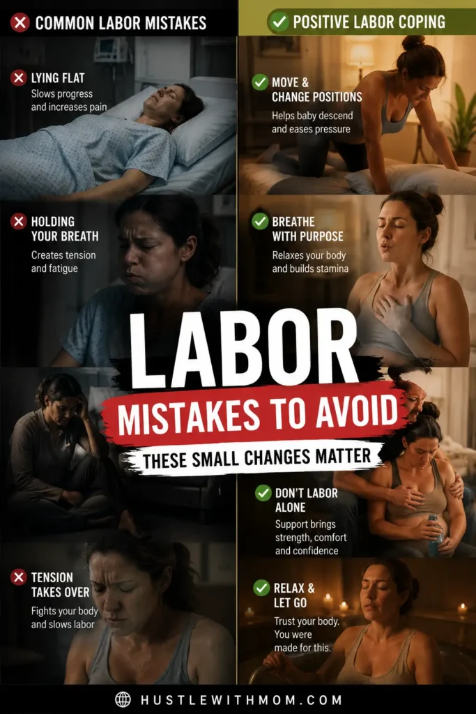 Comparison of common labor mistakes versus effective natural coping techniques.