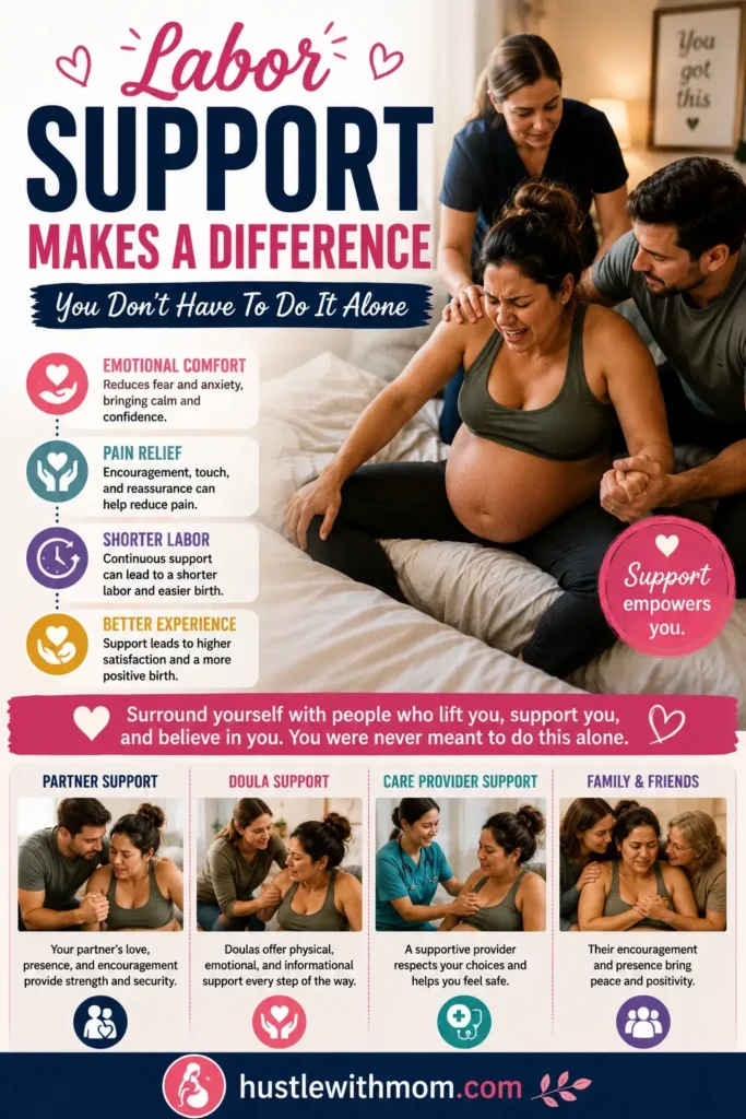 Pregnant woman receiving labor support from partner and birth team.