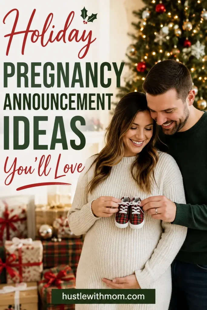 Couple sharing a holiday themed pregnancy announcement with baby shoes.