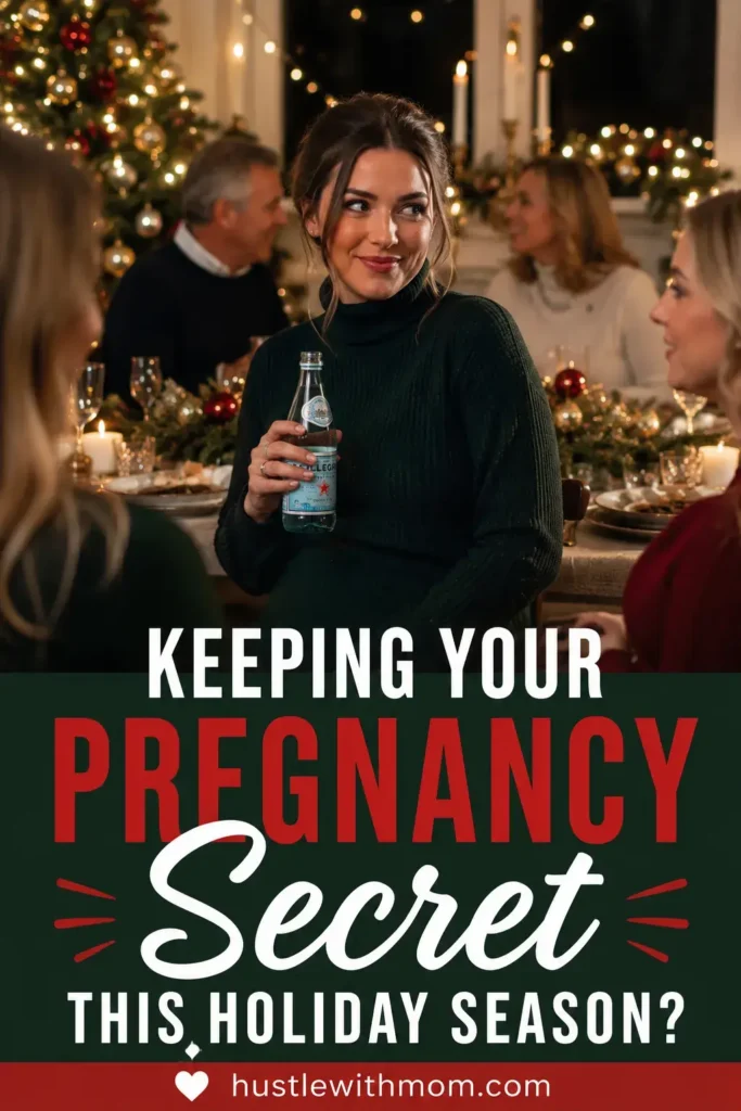 Woman discreetly attending a holiday party while keeping her pregnancy private.