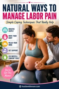 Pregnant woman using natural labor pain coping techniques during childbirth with partner support.