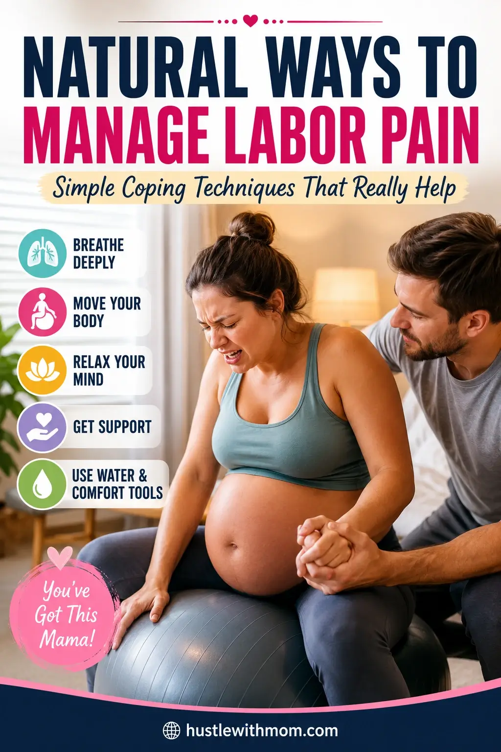 Pregnant woman using natural labor pain coping techniques during childbirth with partner support.