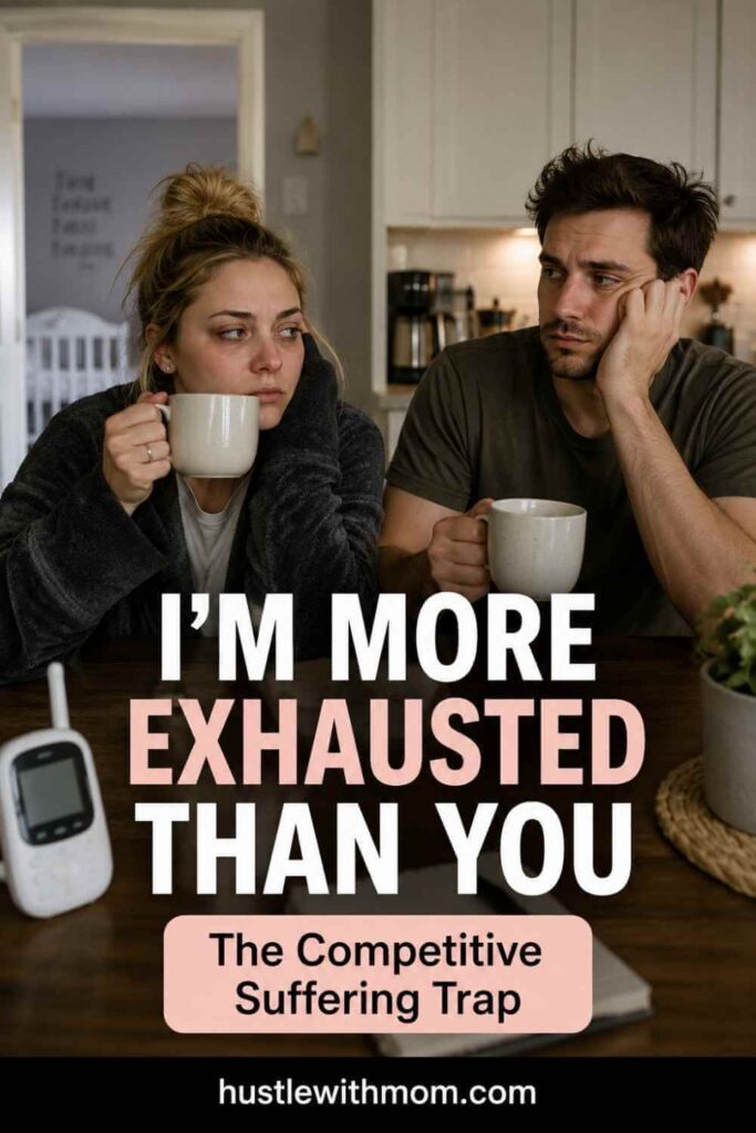 Sleep deprived parents sitting at a table comparing how tired they feel after caring for a baby.