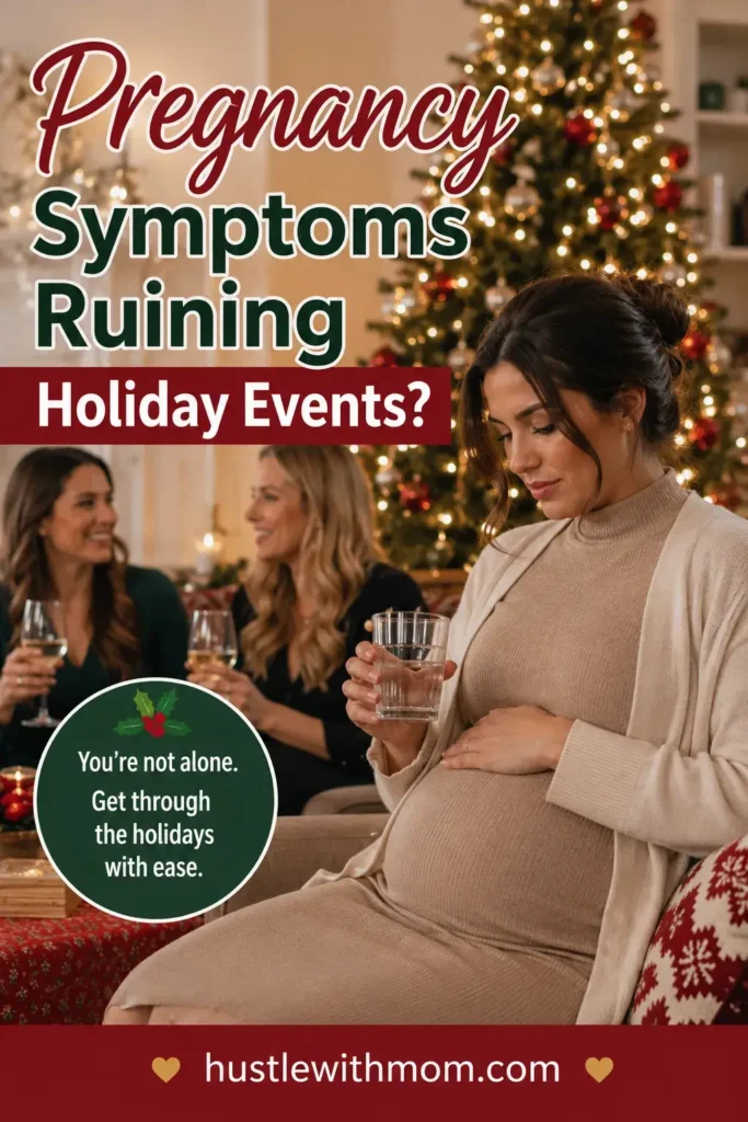 Pregnant woman managing pregnancy symptoms during a holiday celebration.