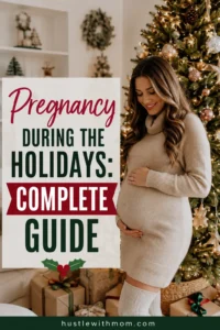 Pregnant woman standing beside a Christmas tree with holiday decorations while holding her baby bump.