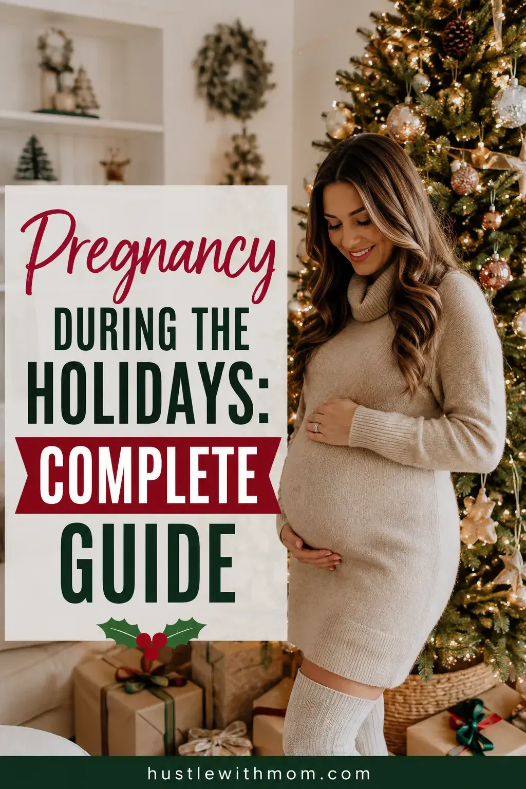 Pregnant woman standing beside a Christmas tree with holiday decorations while holding her baby bump.