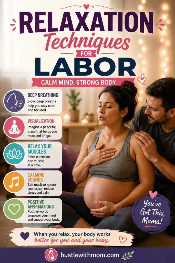 Pregnant woman using breathing and relaxation techniques during labor.