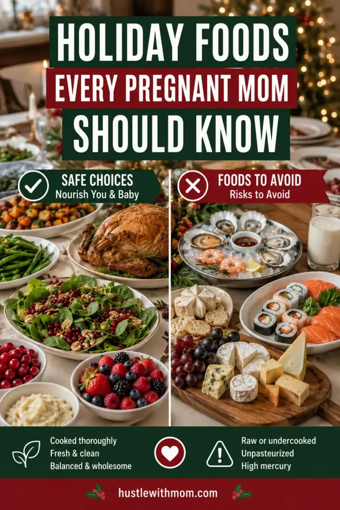 Holiday meal showing pregnancy safe foods and foods to avoid.