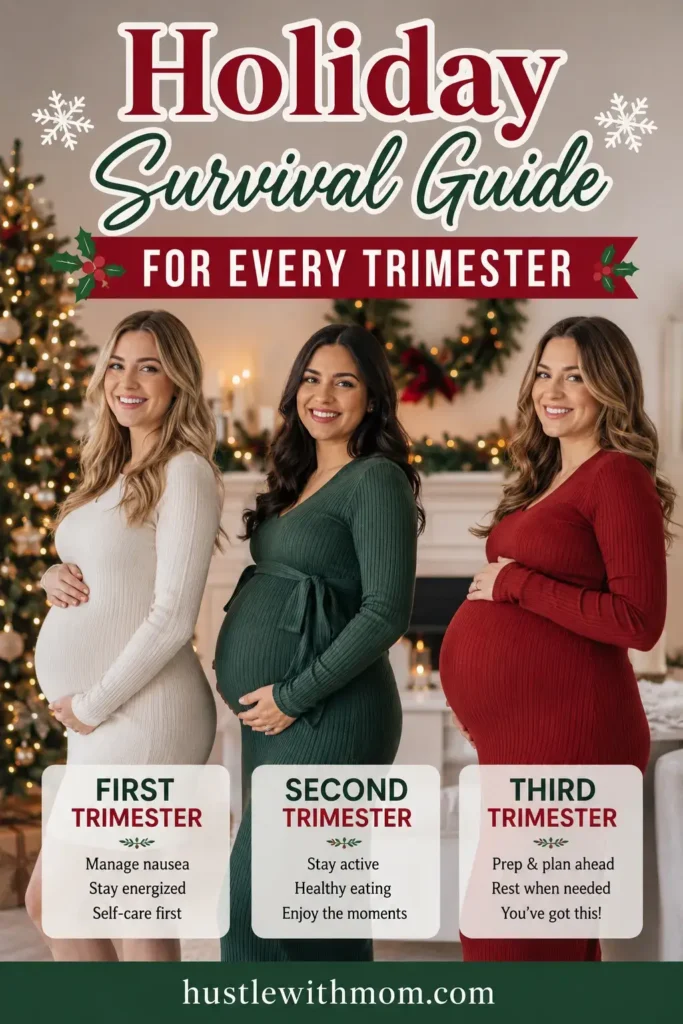 Three pregnant women showing different pregnancy trimesters during the holiday season.