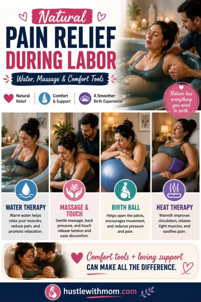 Natural labor pain relief methods including water therapy, massage, and birth tools.
