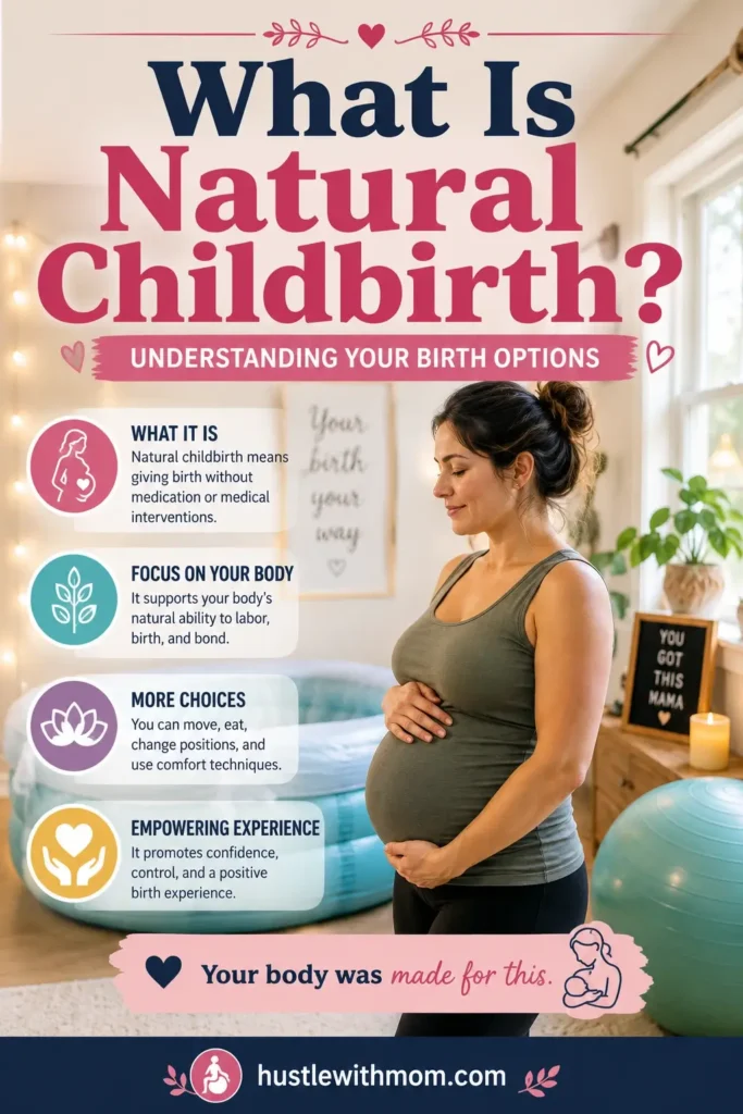 Pregnant woman learning about natural childbirth in a calm birth center.