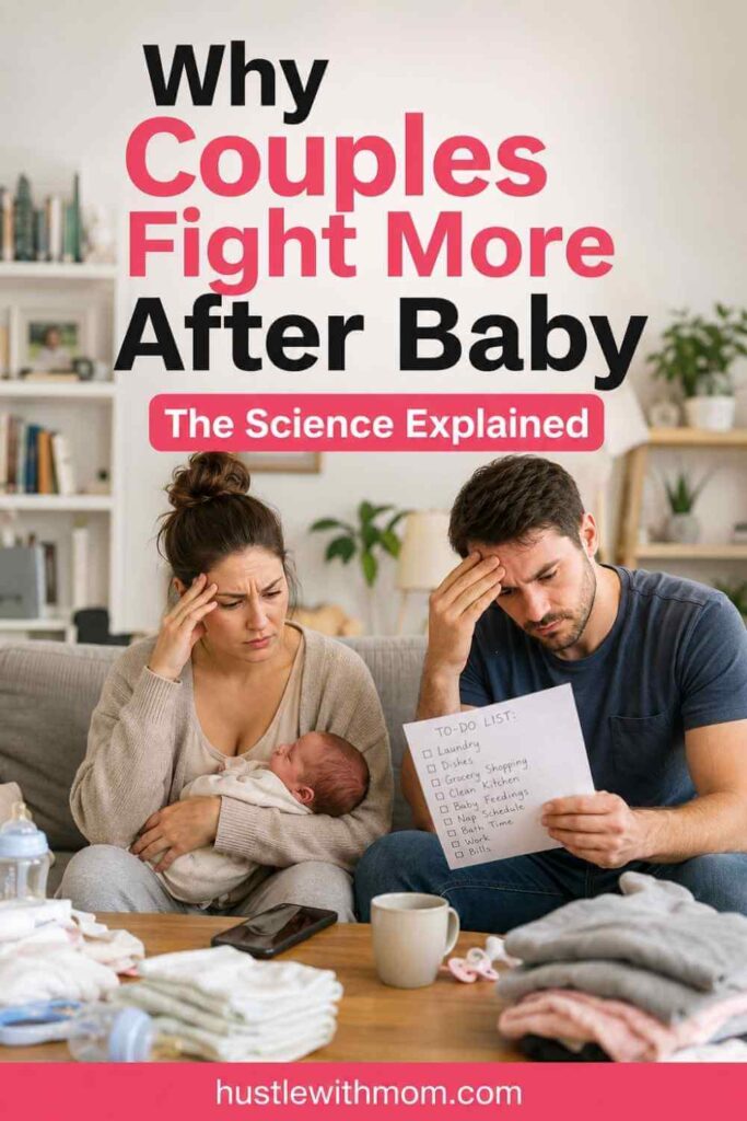New parents looking stressed while caring for a newborn and managing responsibilities at home.