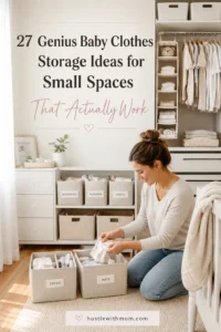 Mother organizing baby clothes in a small nursery using smart storage bins, baskets, drawers, and closet organizers for limited space.