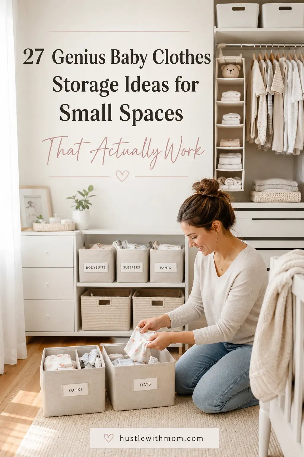 Mother organizing baby clothes in a small nursery using smart storage bins, baskets, drawers, and closet organizers for limited space.