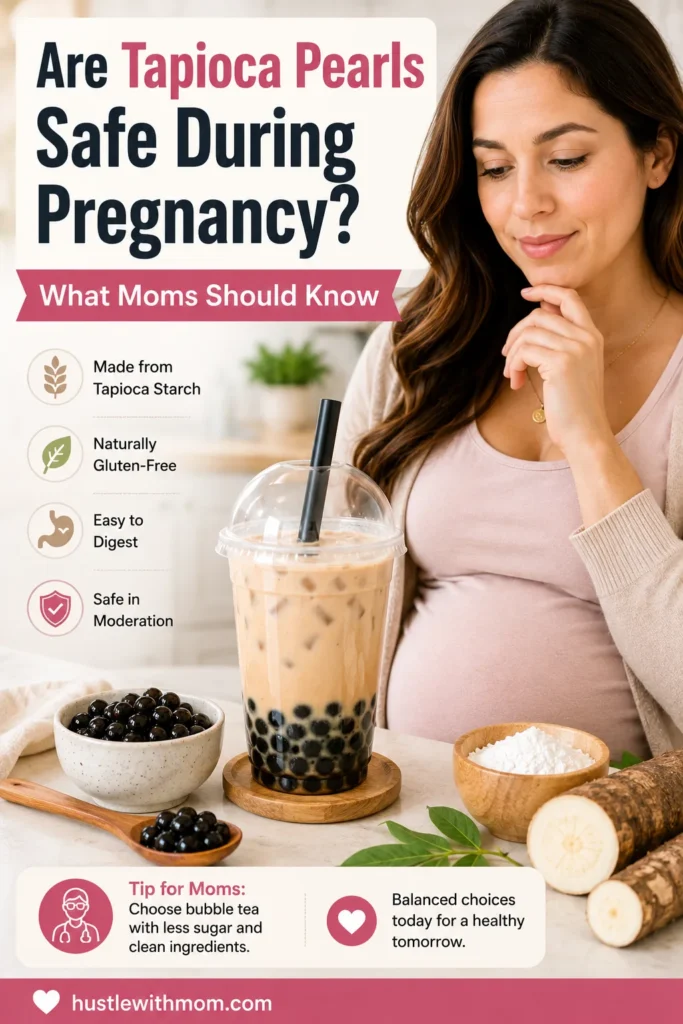 Close up of bubble tea tapioca pearls with pregnant woman considering whether they are safe.