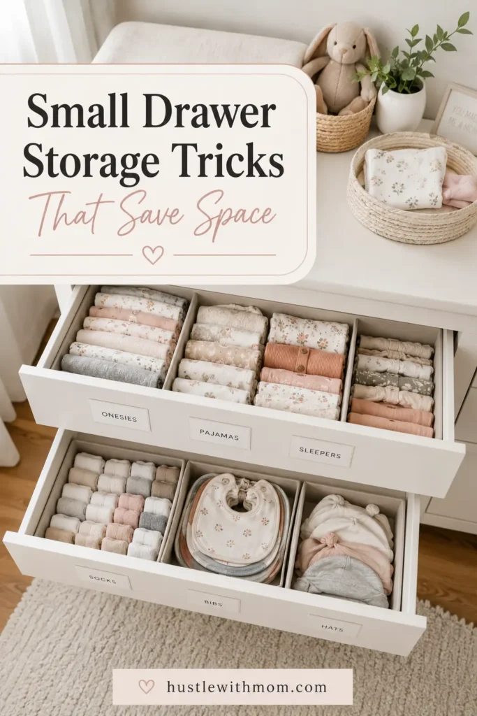 Organized dresser drawer with folded baby clothes and drawer dividers.