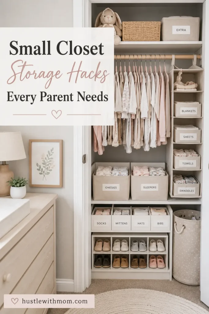 Small baby closet with shelves, organizers, and neatly folded baby clothes.