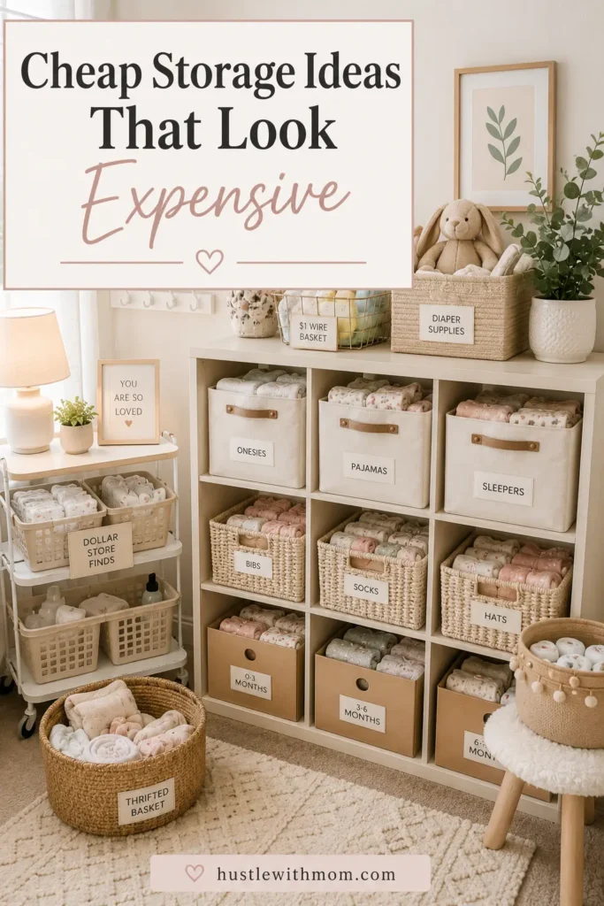 Affordable storage bins organizing baby clothes inside a small nursery.