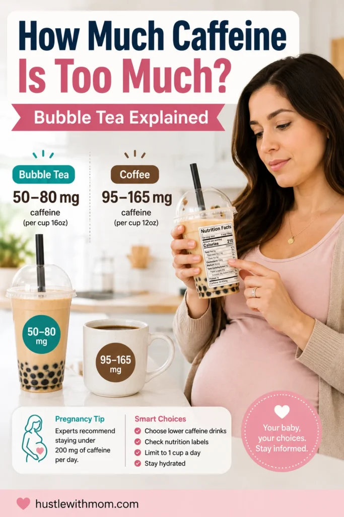 Pregnant woman checking caffeine content in bubble tea before drinking.