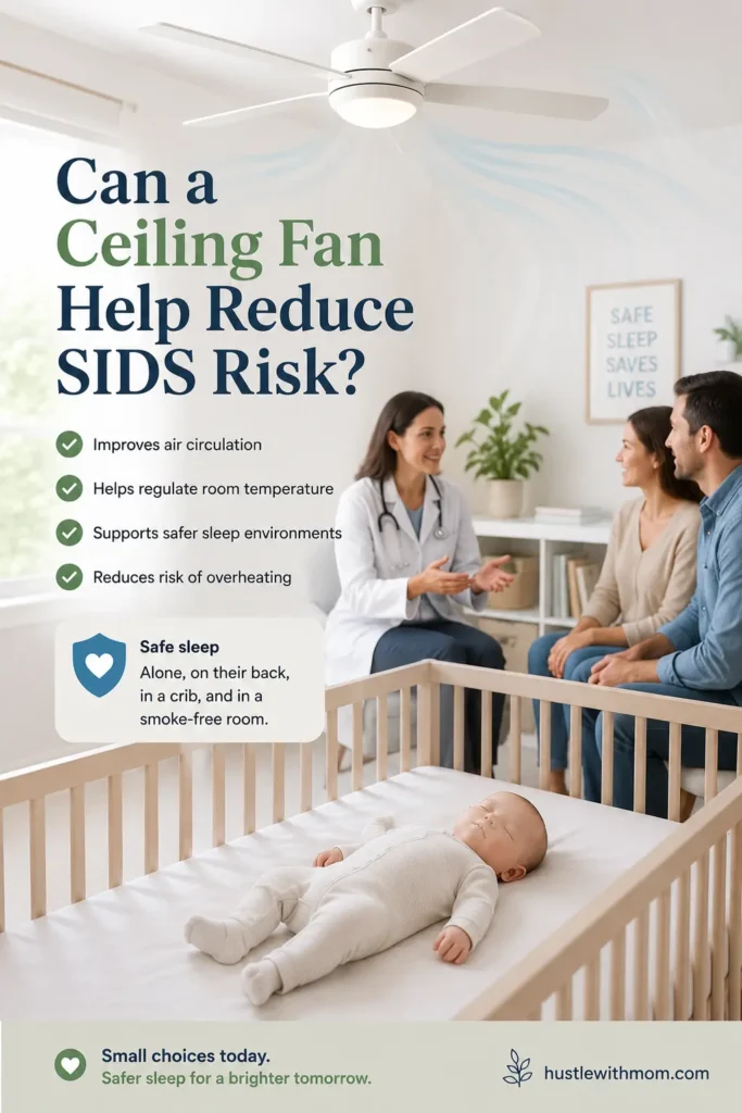 Baby sleeping safely under a ceiling fan with focus on safe sleep.