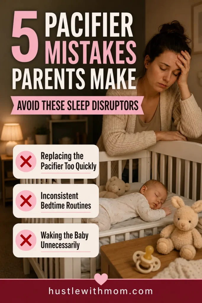 Tired mother realizing common mistakes while helping her baby sleep with a pacifier.